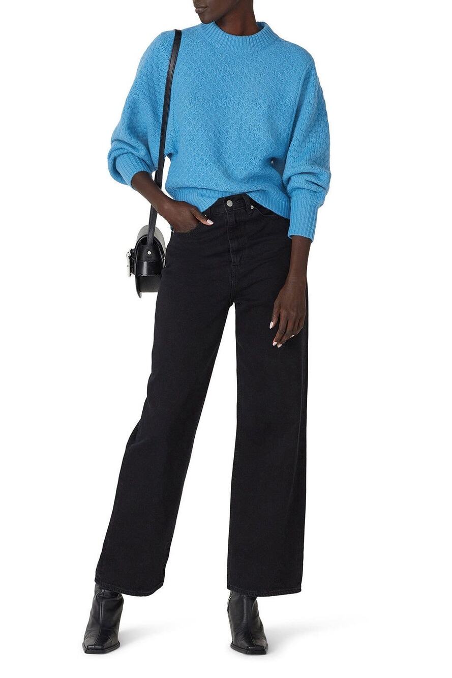 Current/Elliott Juniper Blue 100% Wool Textured Knit Mock Neck Pullover Sweater